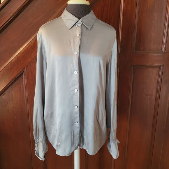 Amanda Smith Pewter Gray Long Sleeve Silk Button Up Large - Picture 1 of 5